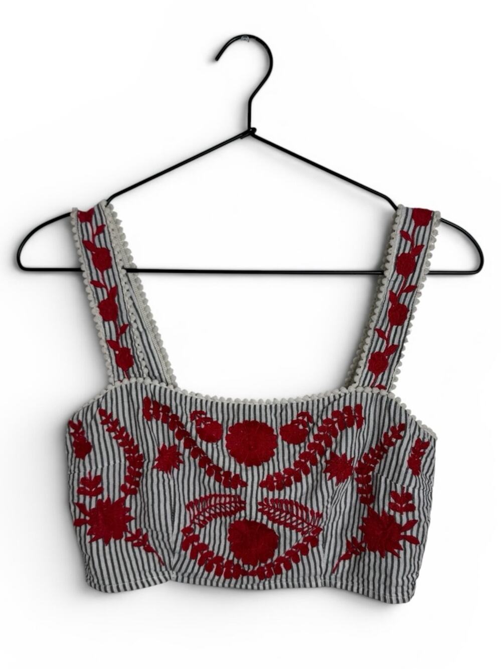 Forever 21 Striped Embroidered Floral Red Boho Crop Top Size Small
